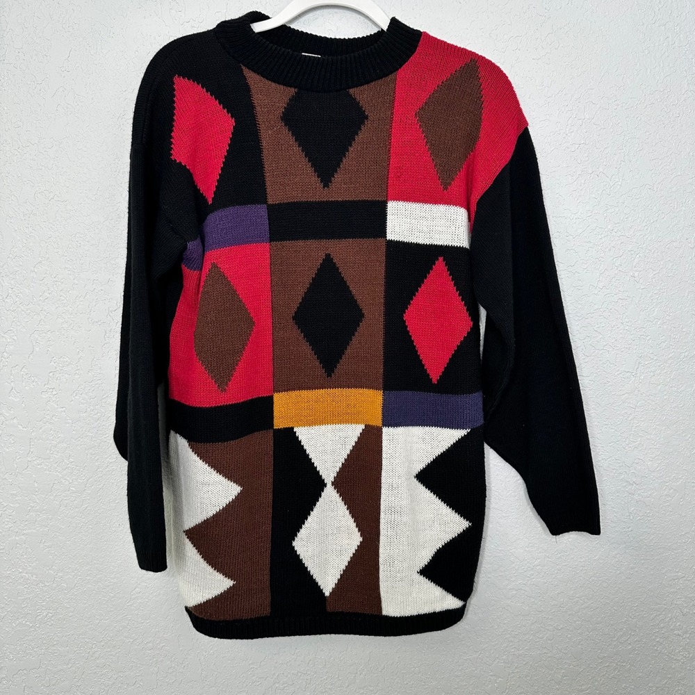 VTG HEADLINERS‎ Geometric Pattern Knit Sweater Black Red Brown White Blue Medium